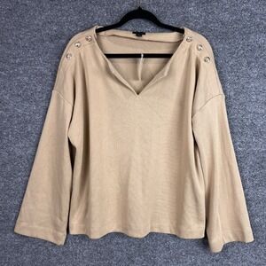 NEW Ann Taylor Women XL Beige Ribbed V Neck‎ Button Shoulder Long Sleeve Top